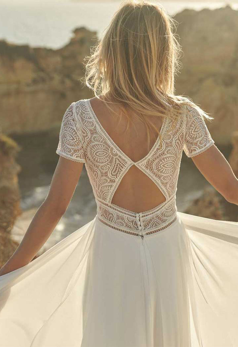 Beach Bohemian Style V Neck Short Sleeve Slit Court Train Wedding Dress