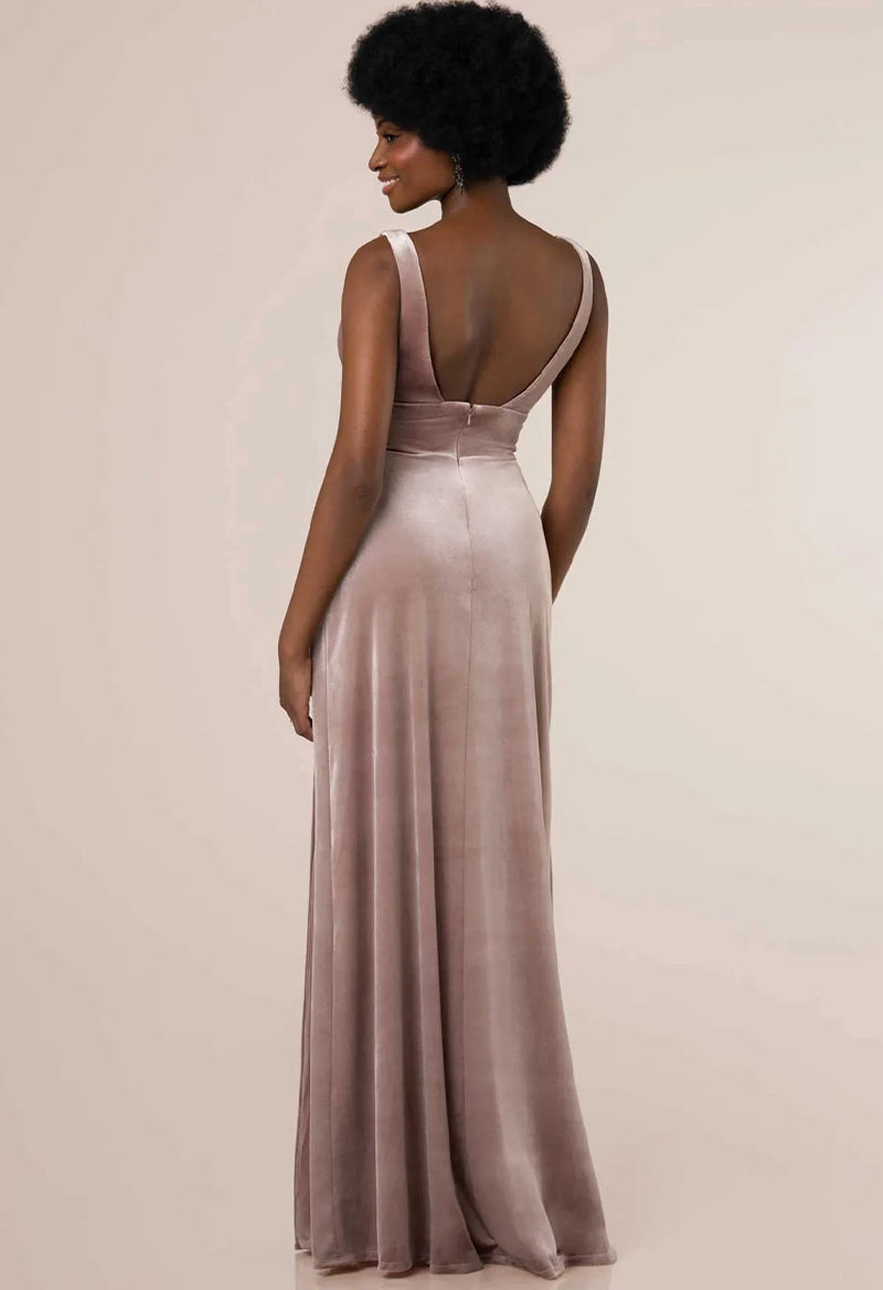 V-Neck Sleeveless Pleated Velvet Slit Floor Length Bridesmaid Dress