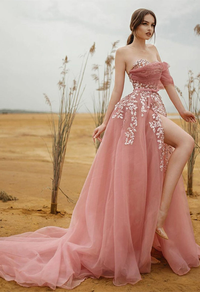 Sweetheart Tulle Sleeveless Appliquéd Slit Chapel Train A Line Prom Dress As Picture