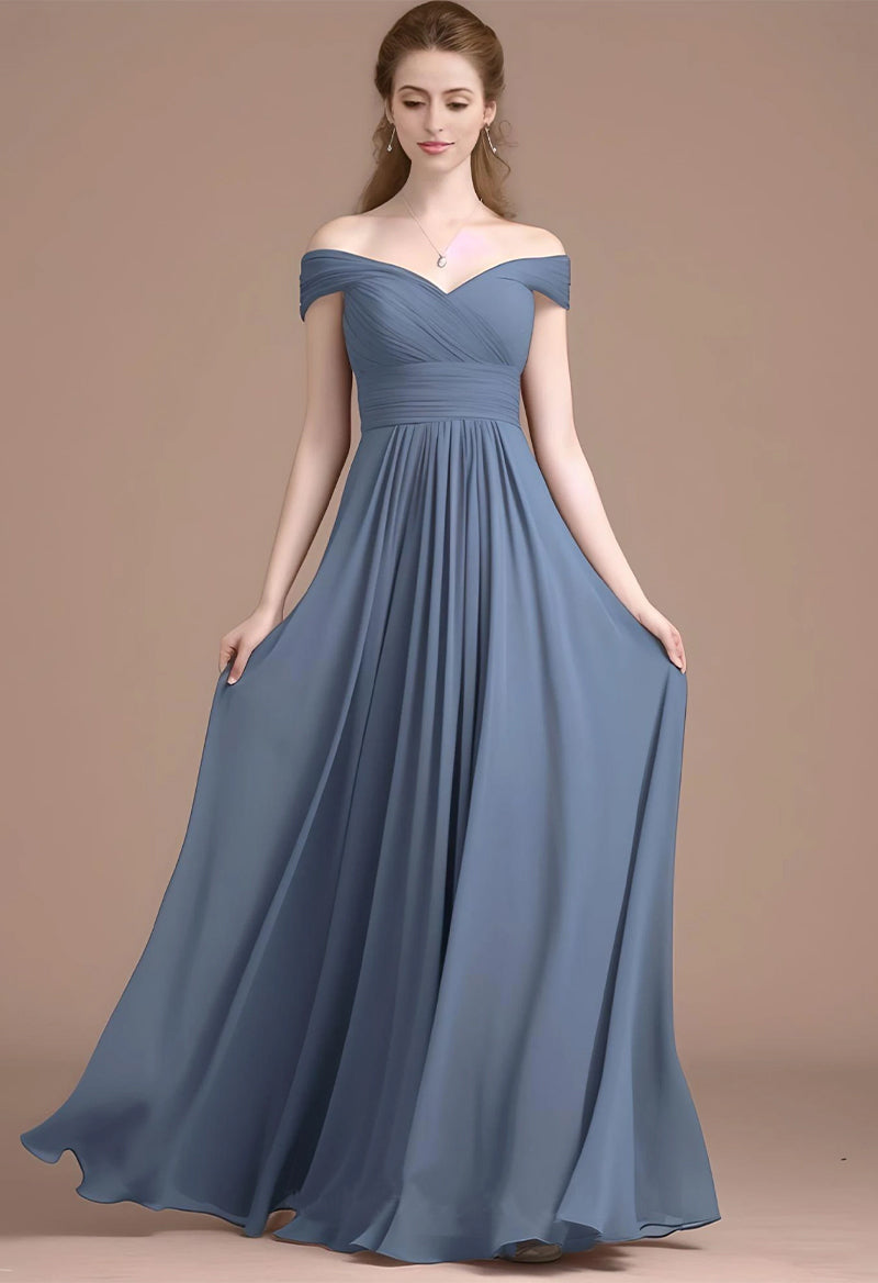 Off The Shoulder Chiffon Pleated A Line Floor Length Evening Dress As Picture