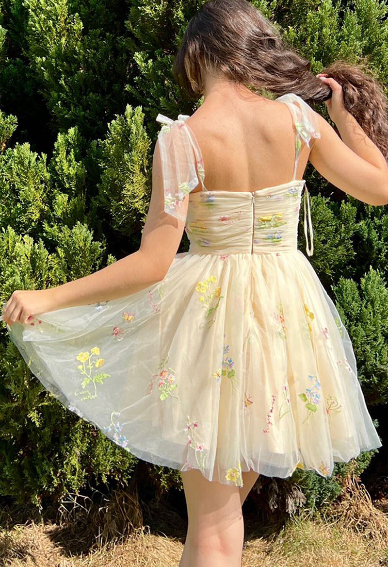 Square Neck Tulle Flower Sleeveless A Line Short Homecoming Dress