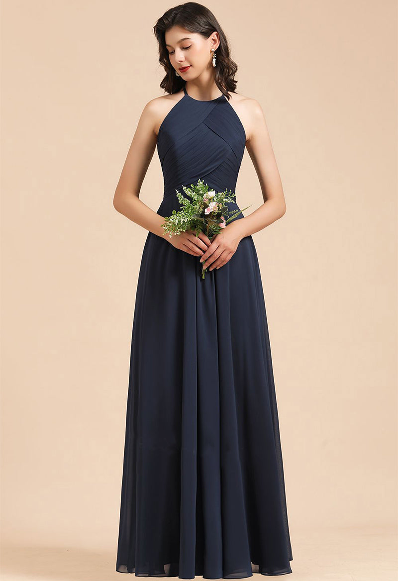 Halter Neck Ruched Chiffon Sleeveless A Line Floor Length Evening Dress As Picture