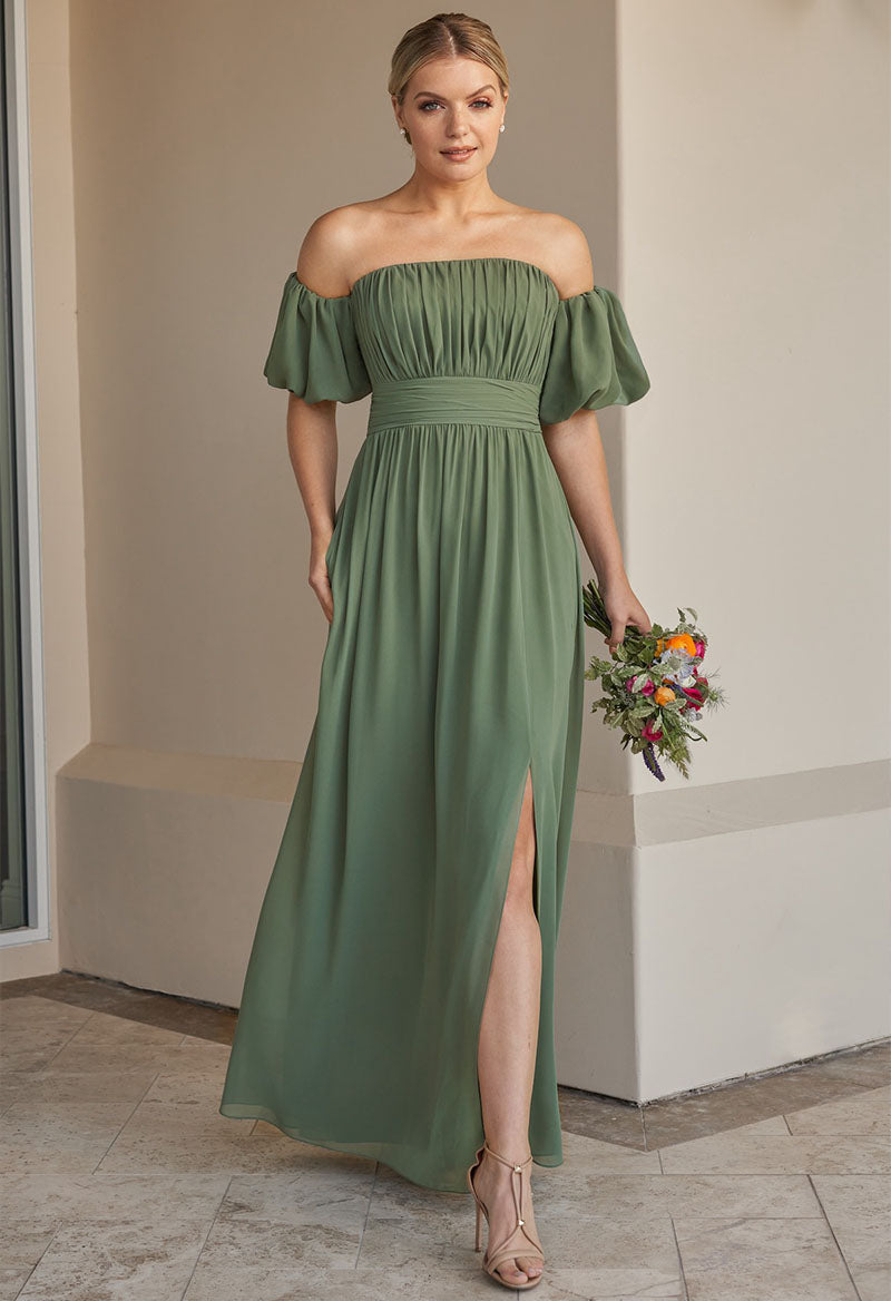 Strapless Pleated A Line Puff Sleeves Slit Floor Length Bridesmaid Dress As Picture
