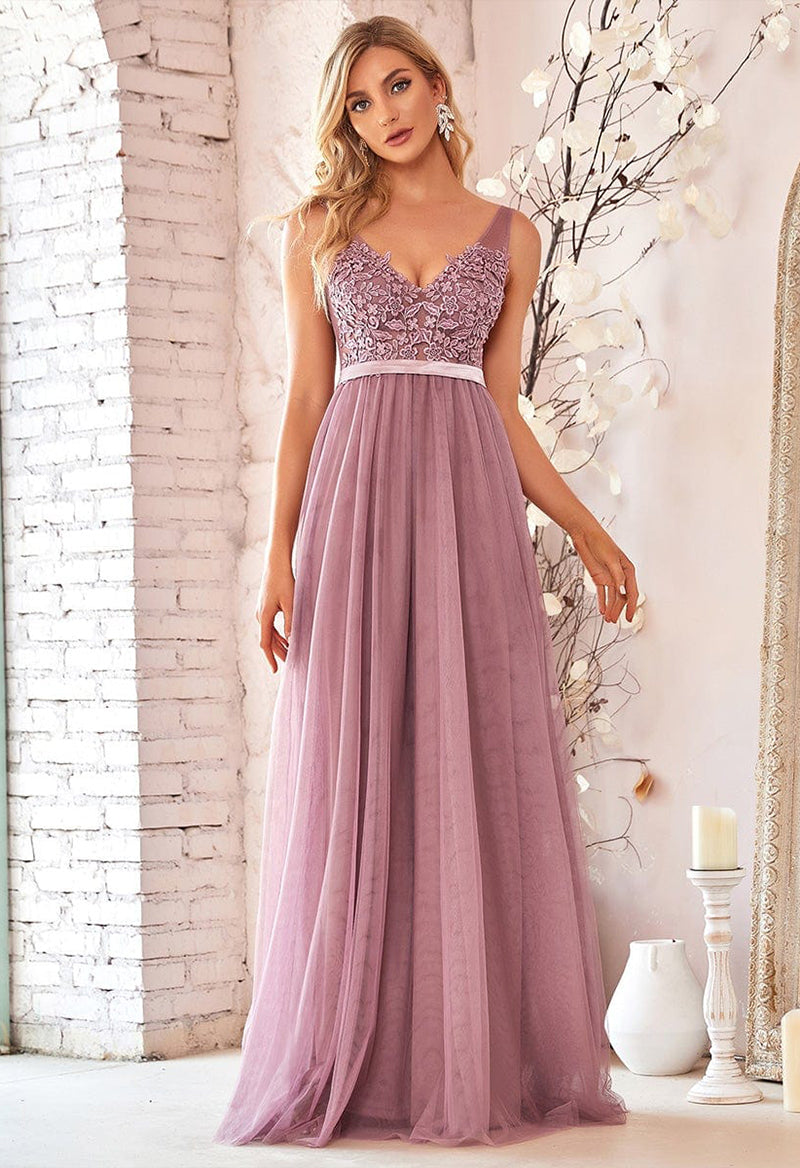 V Neck Sleeveless Tulle Appliqué A Line Floor Length Bridesmaid Dress Pink
