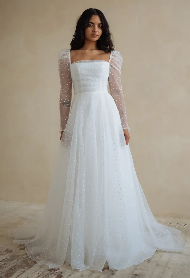 Square Neck Detachable Puff Sleeves Long Sleeves Tulle Beads Court Train Wedding Dress