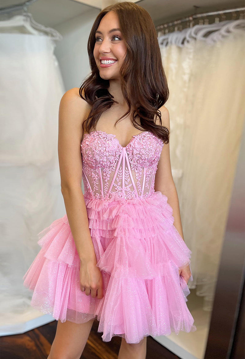 Sweetheart Tulle Appliquéd Sleeveless A Line Short Homecoming Dress Pink