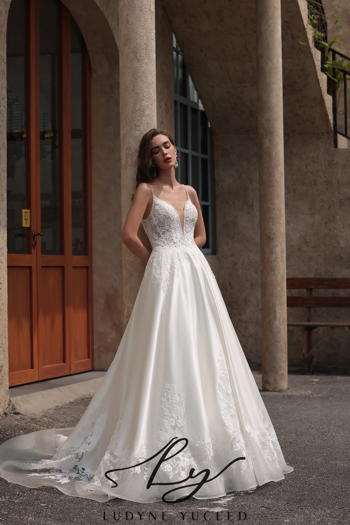Romantic Spaghetti Strap Satin Ball Gown Wedding Dress