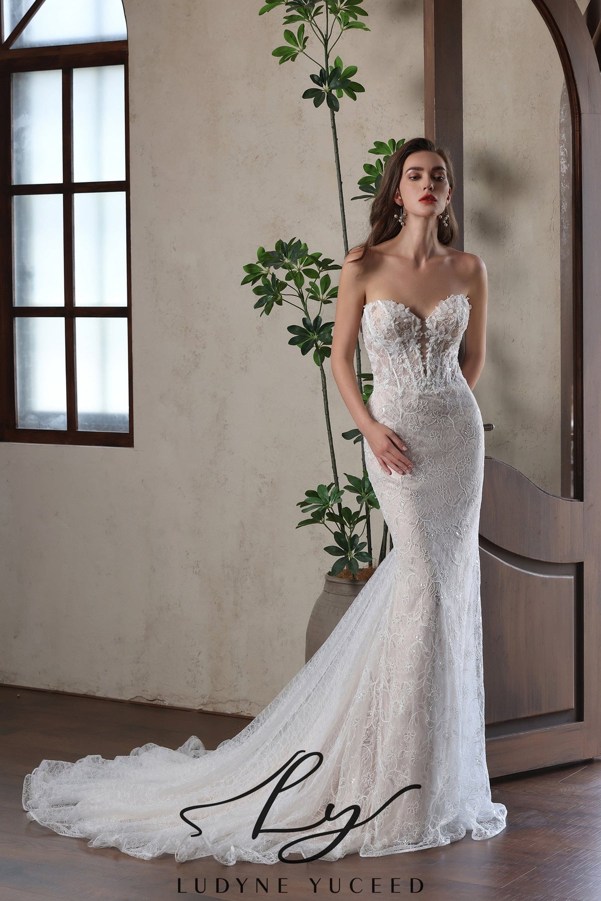 Alluring Strapless Embroidery Lace Fit and Flare Wedding Dress