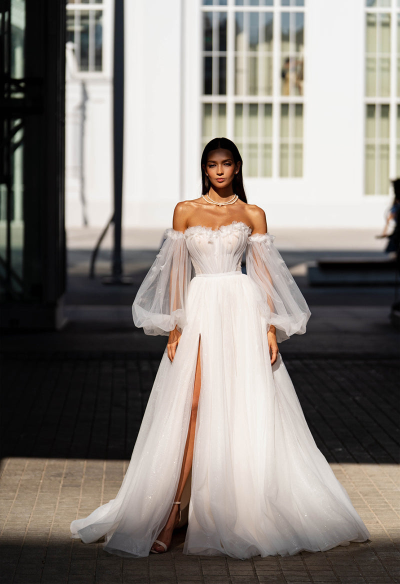 Puff Sleeve Sweetheart Neck Flower Slit Princess Sweep Train Wedding D Pandrodressy Puff Sleeve Sweetheart Neck Flower Slit Princess Sweep Train Wedding D Pandrodressy