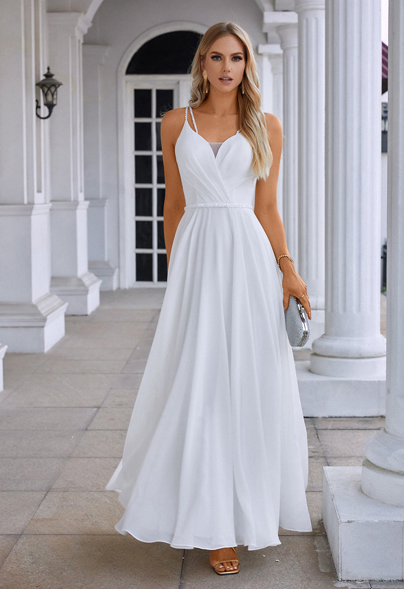 V-Neck Sleeveless Chiffon A Line Floor Length Evening Dress White