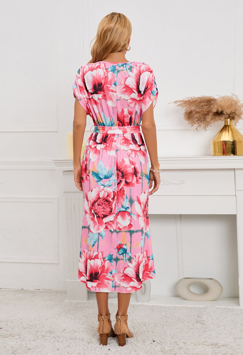V-Neck Dolman Sleeve Floral Print Knee Length Dress