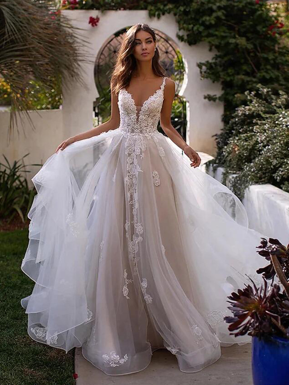 Princess V Neck Spaghetti Strap Aline Wedding Dress With Lace As Picture