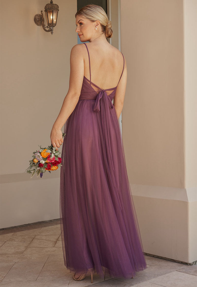 V-Neck Tulle Sleeveless Pleated Lace-Up Floor Length Bridesmaid Dress