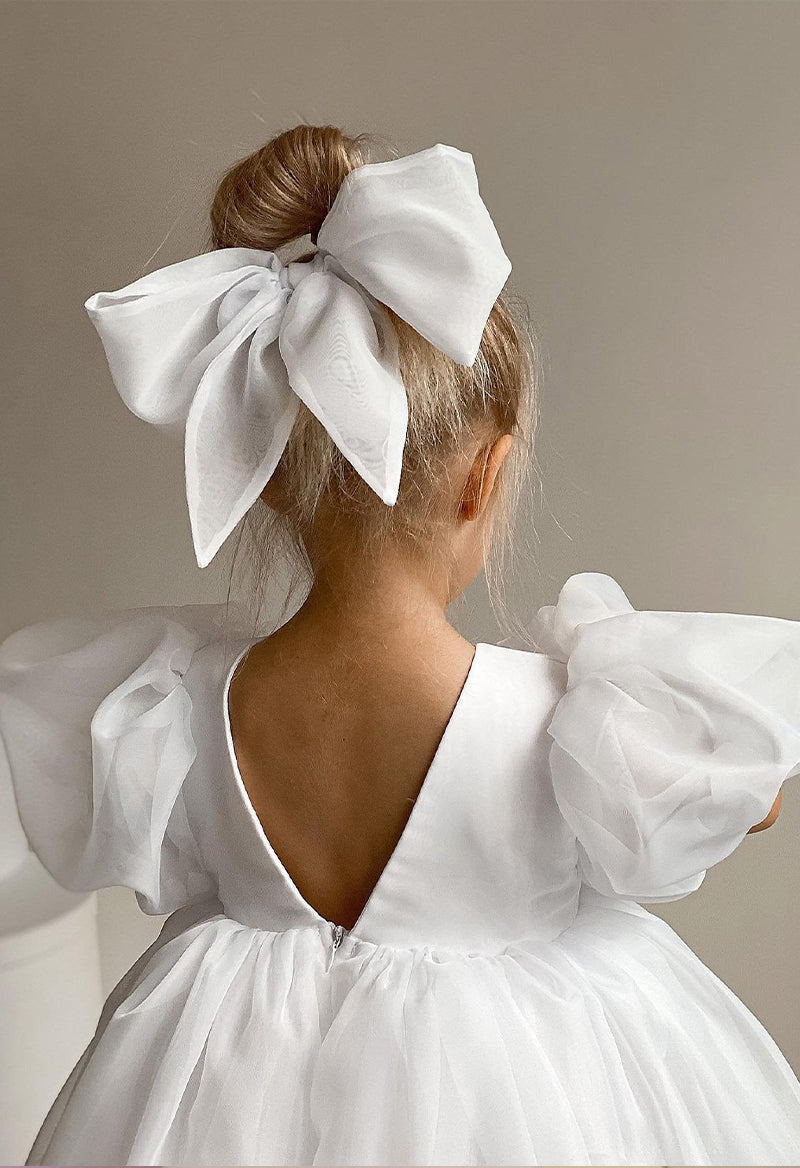 Simple Scoop Neck Puff Sleeve Tulle A Line Ankle Length Flower Girl Dress With Bow