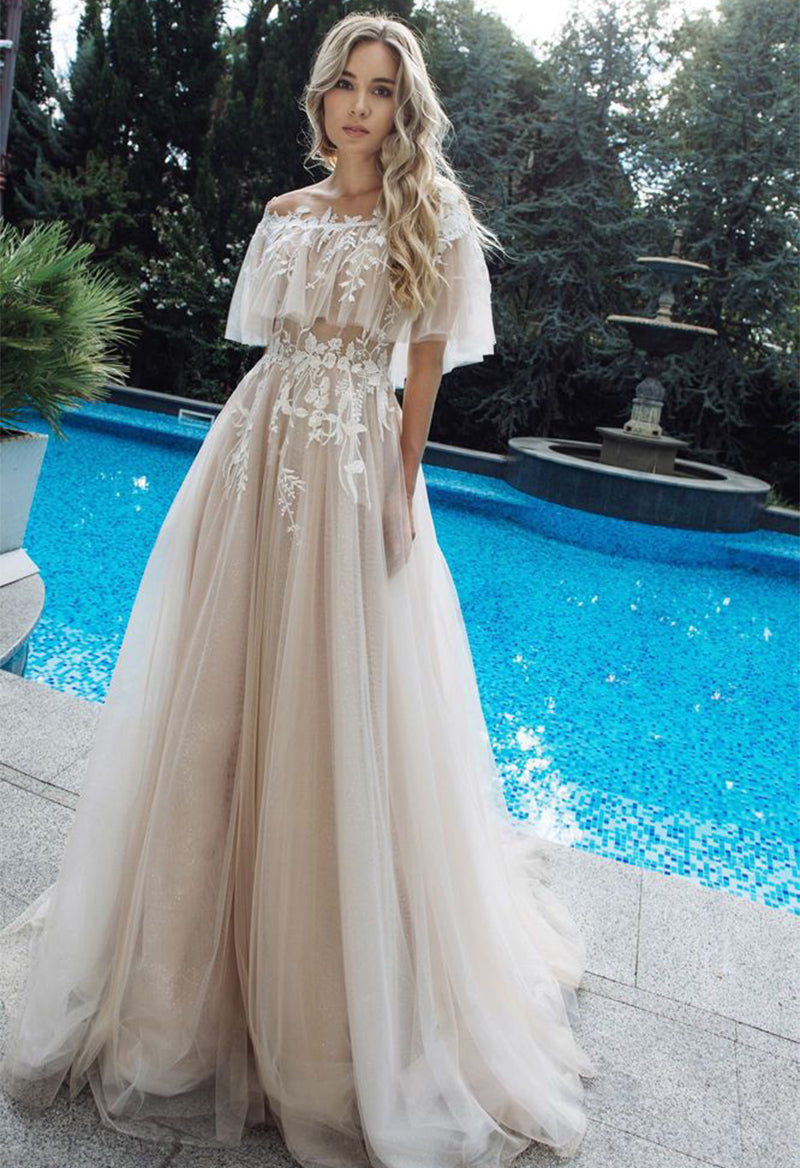 Off The Shoulder Short Sleeve Tulle Applique Court Train Wedding Dress As Picture