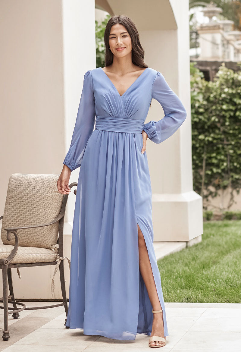 V-Neck Chiffon Pleated Long-Sleeved Slit A Line Backless Floor Length Bridesmaid Dress As Picture