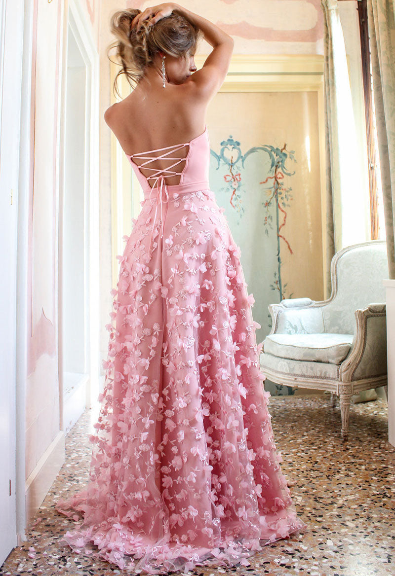 Sweetheart Neck 3D Flower Tulle Slit Sleeveless Sweep Train Prom Dress