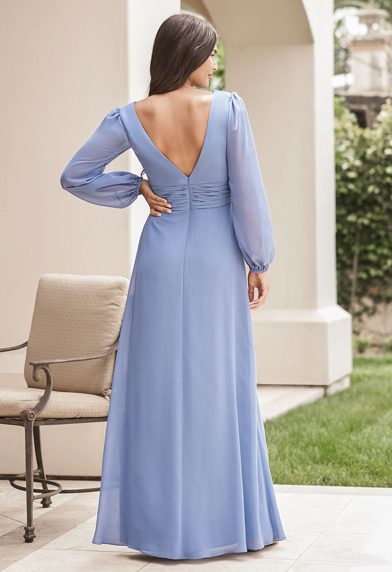 Vestido de dama de honor con escote en V, gasa, plisado, manga