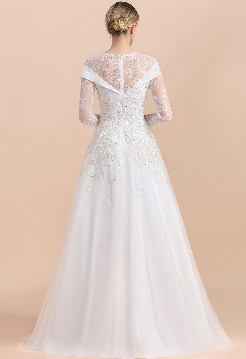 Scoop Neck 3/4 Sleeve Rhinestone A Line Lace Wedding Dress