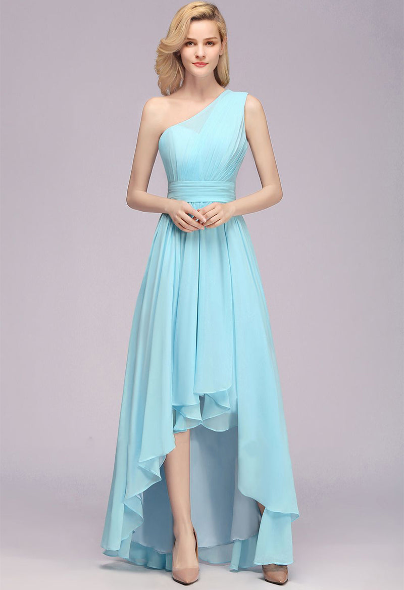 One Shoulder Chiffon Pleated Sleeveless A Line High-Low Prom Dress As Picture