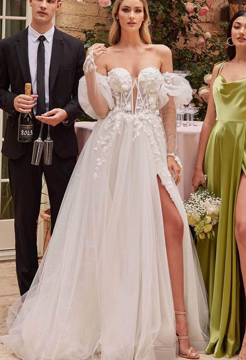 Sweetheart Neck Puff Sleeve Slit A Line Tulle Applique Court Train Wedding Dress As Picture