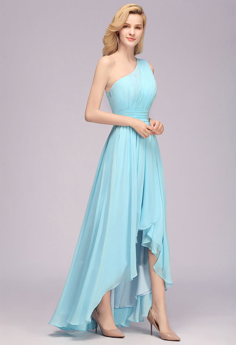 One Shoulder Chiffon Pleated Sleeveless A Line High-Low Prom Dress