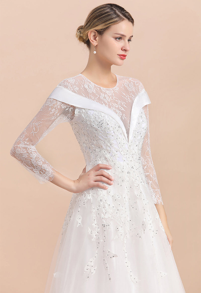 Scoop Neck 3/4 Sleeve Rhinestone A Line Lace Wedding Dress
