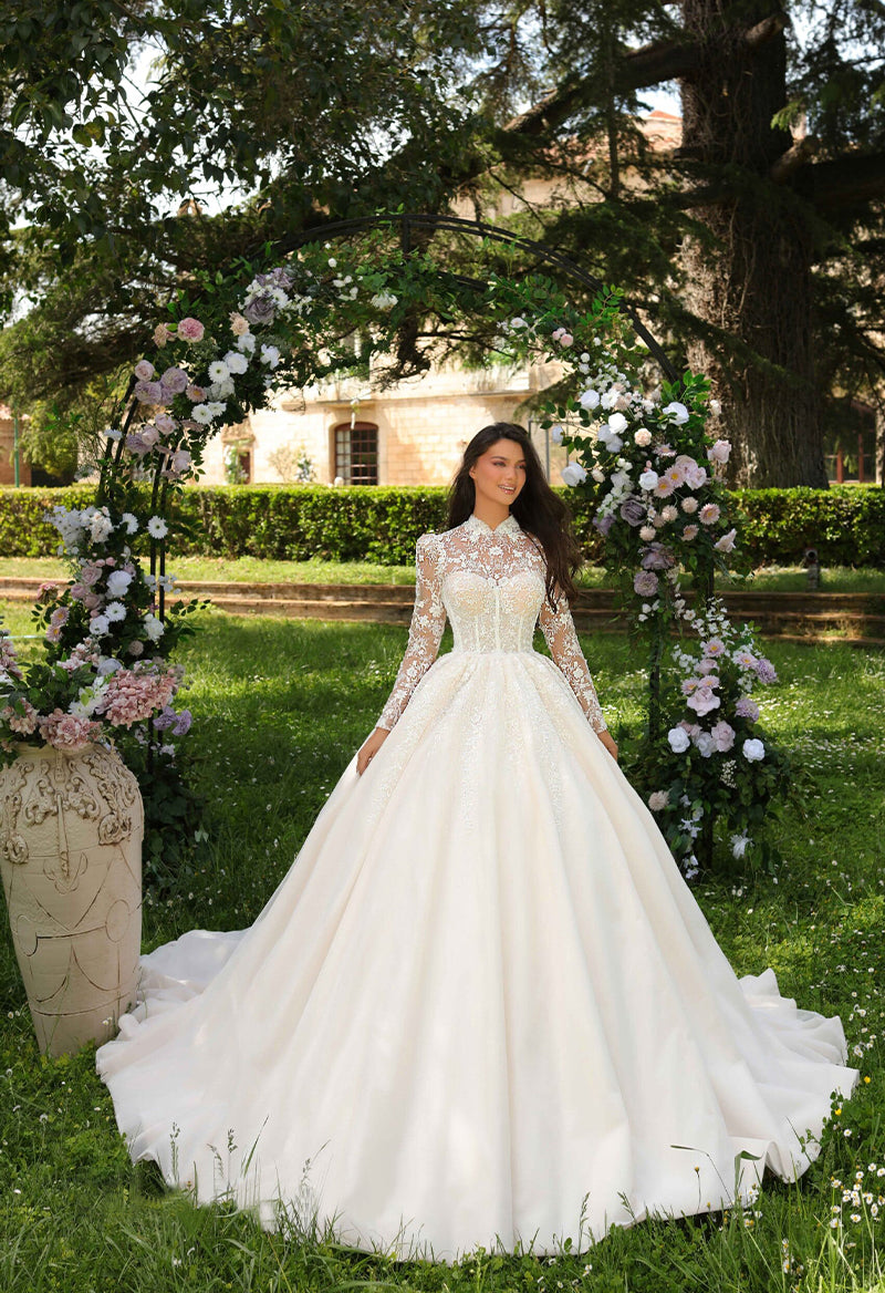 High Neck Long Sleeve Appliquéd Satin Ball Gown Cathedral Train Wedding Dress As Picture