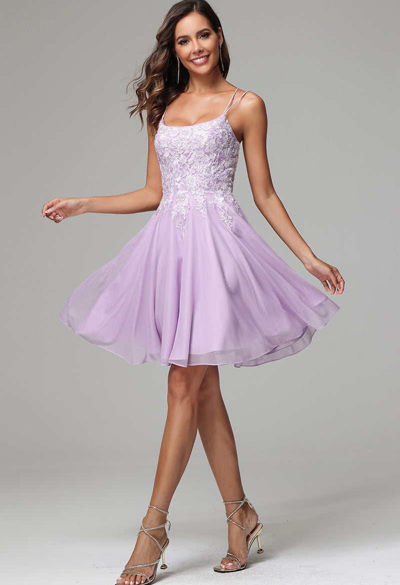 Spaghetti Straps Square Neck Tulle Appliqué Knee Length Sleeveless A Line Homecoming Dress
