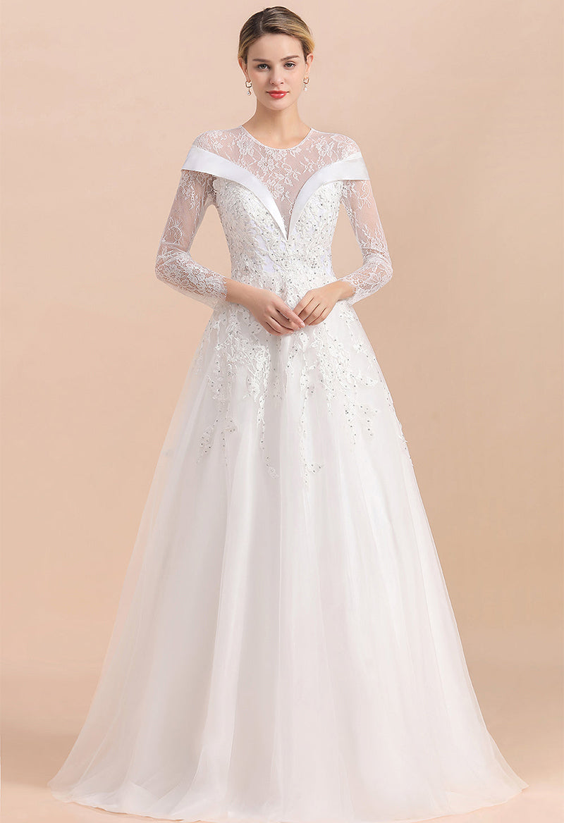 Scoop Neck 3/4 Sleeve Rhinestone A Line Lace Wedding Dress As Picture
