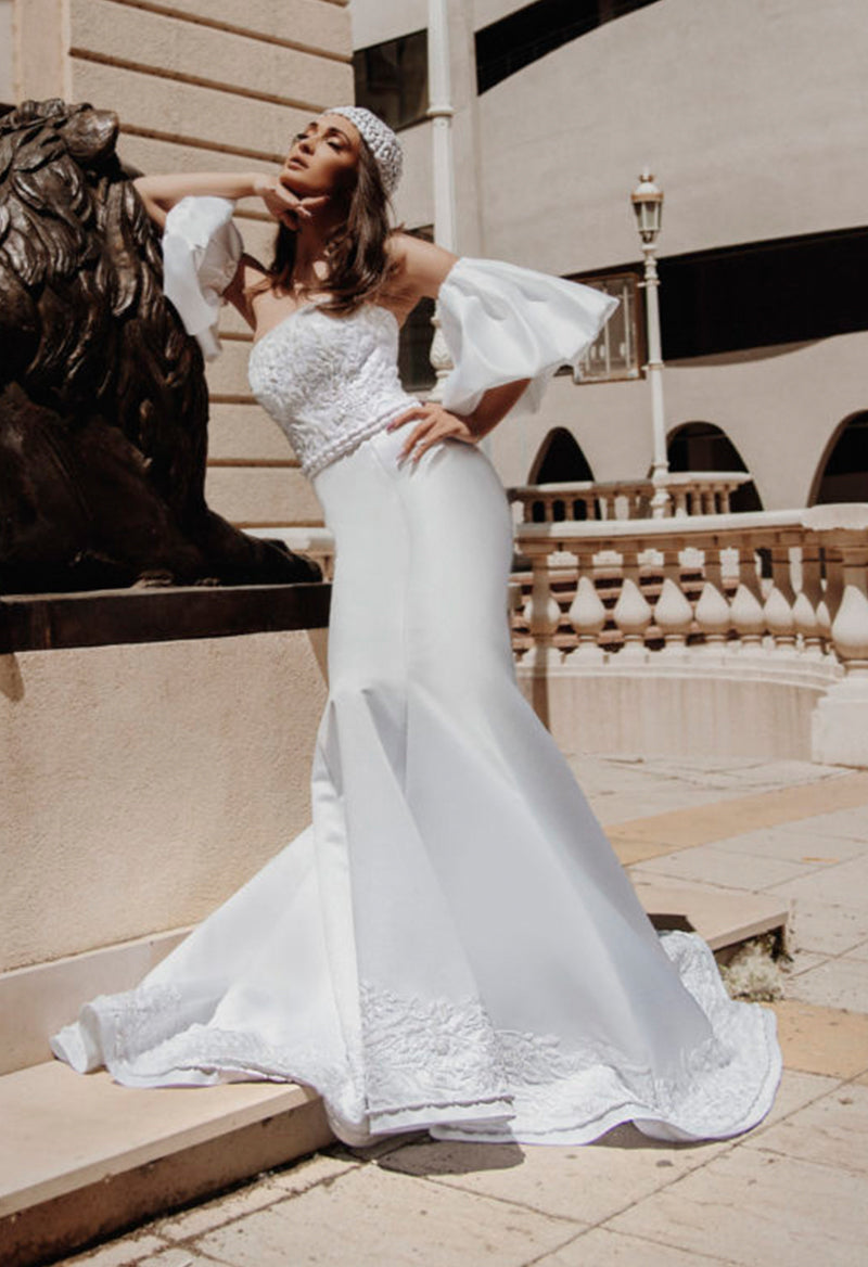 Removable Sleeves Crep Mermaid Off The Shoulder Chapel Train Wedding Dress As Picture
