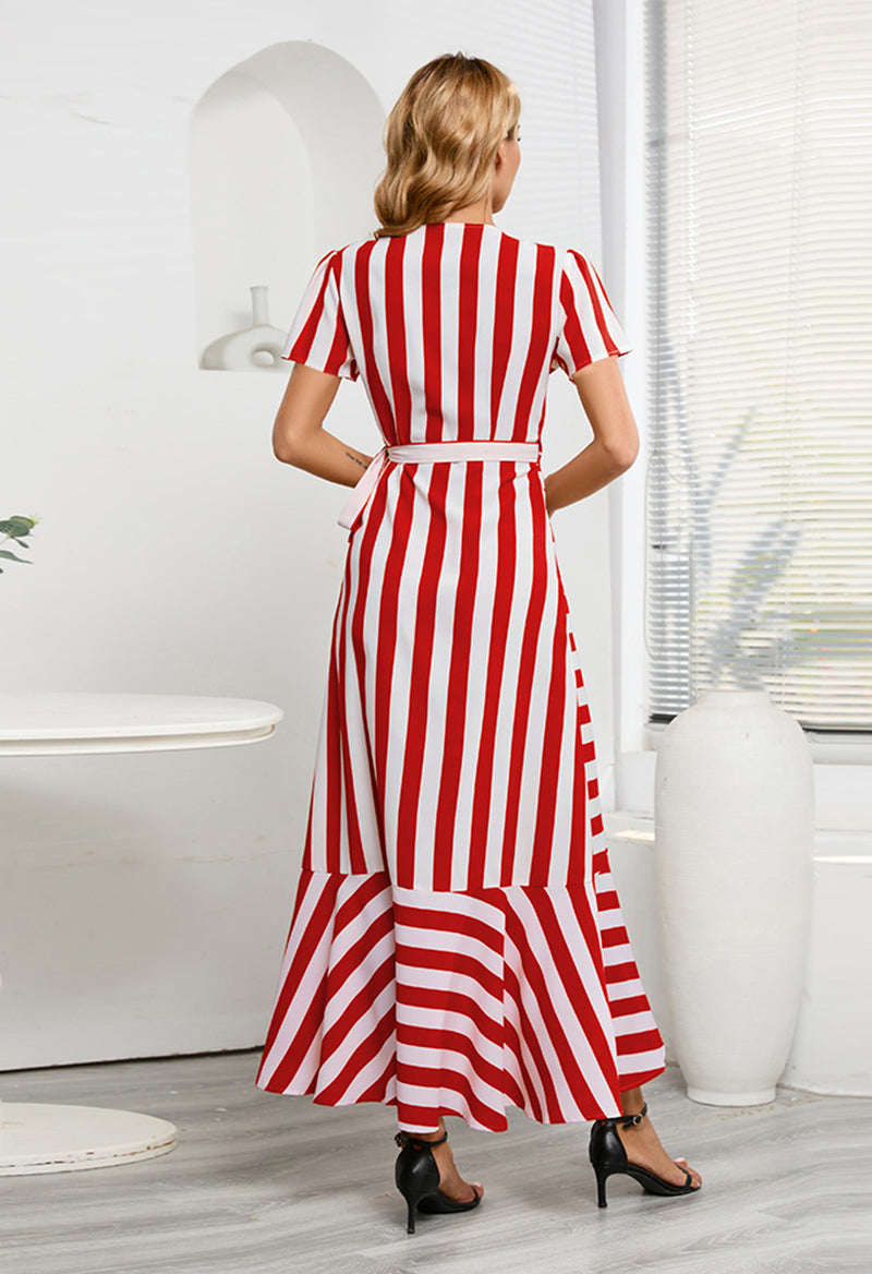 Short Sleeve Stripe Stitching Ankle Length V-Neck A Line Dress