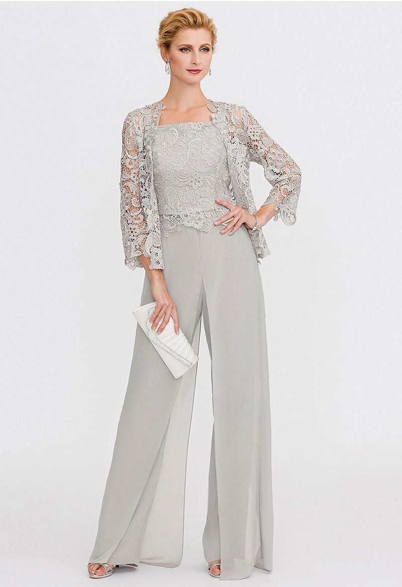 Bateau Neck Long Sleeves A-Line Lace Mother Of The Bride Dress Pants With Sash Three Piece