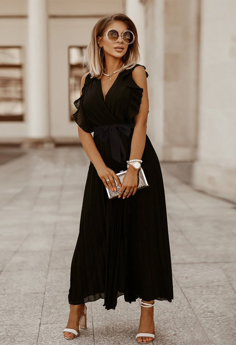 Elegant Ruffled Chiffon Sleeveless Pleated Dress Black