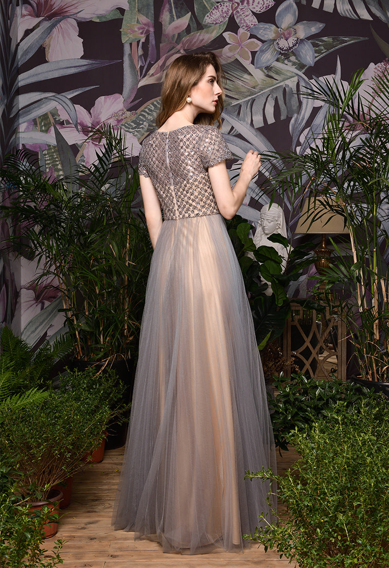 Short Sleeve Jewel Neck Sequins Tulle A Line Floor Length Evening Dress