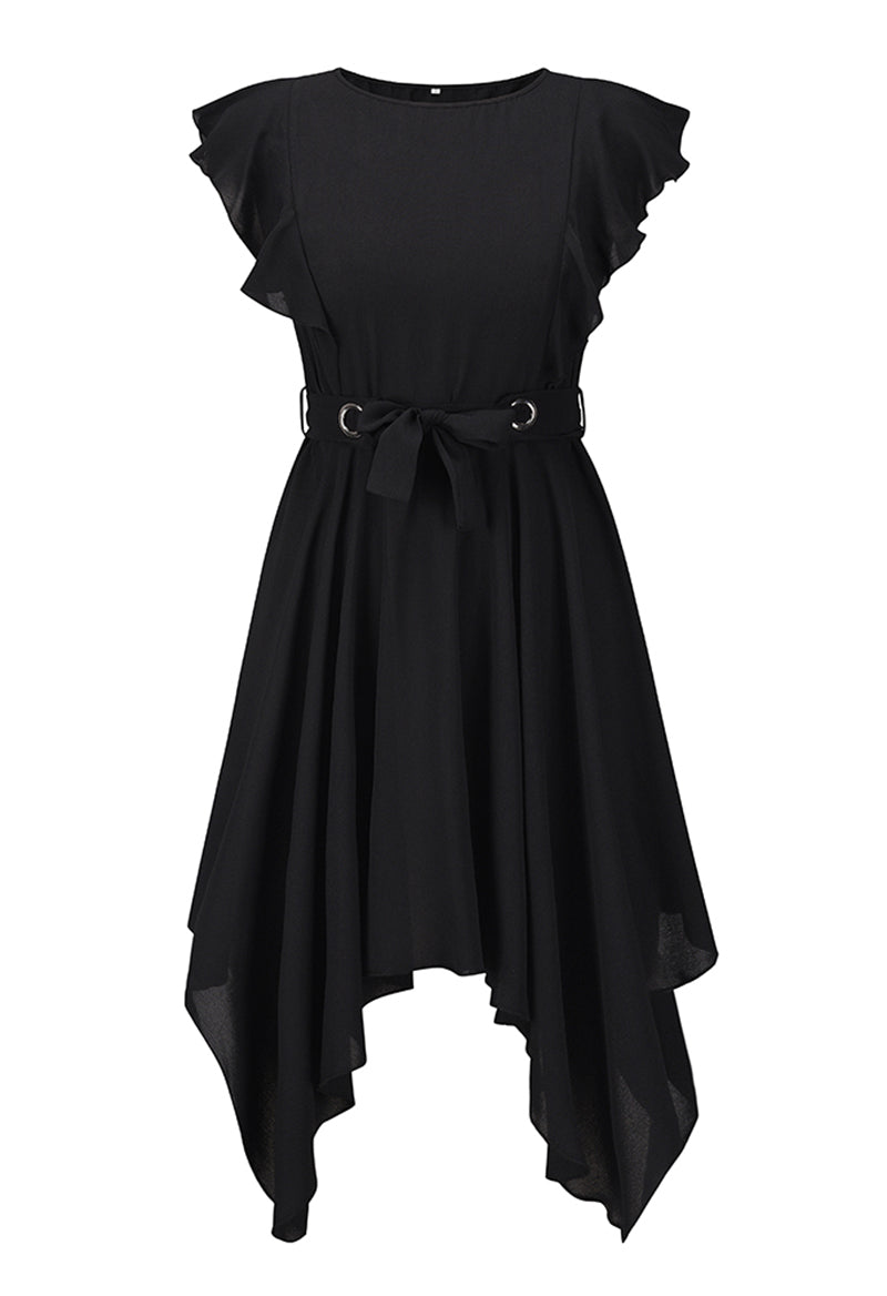 Ruffled Irregular Hem Belt Knee Length Dress Black