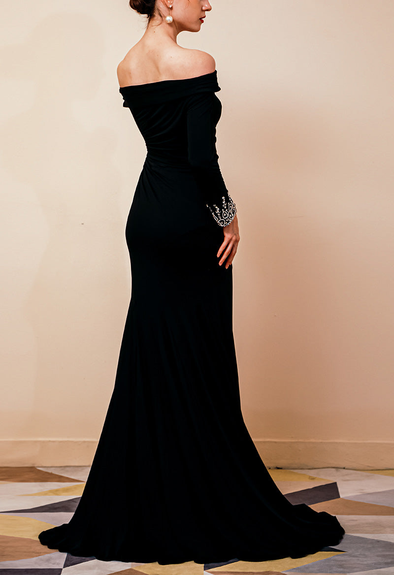 High-Low Designed Neck Slit Long Sleeve Beaded Velvet Mother Of