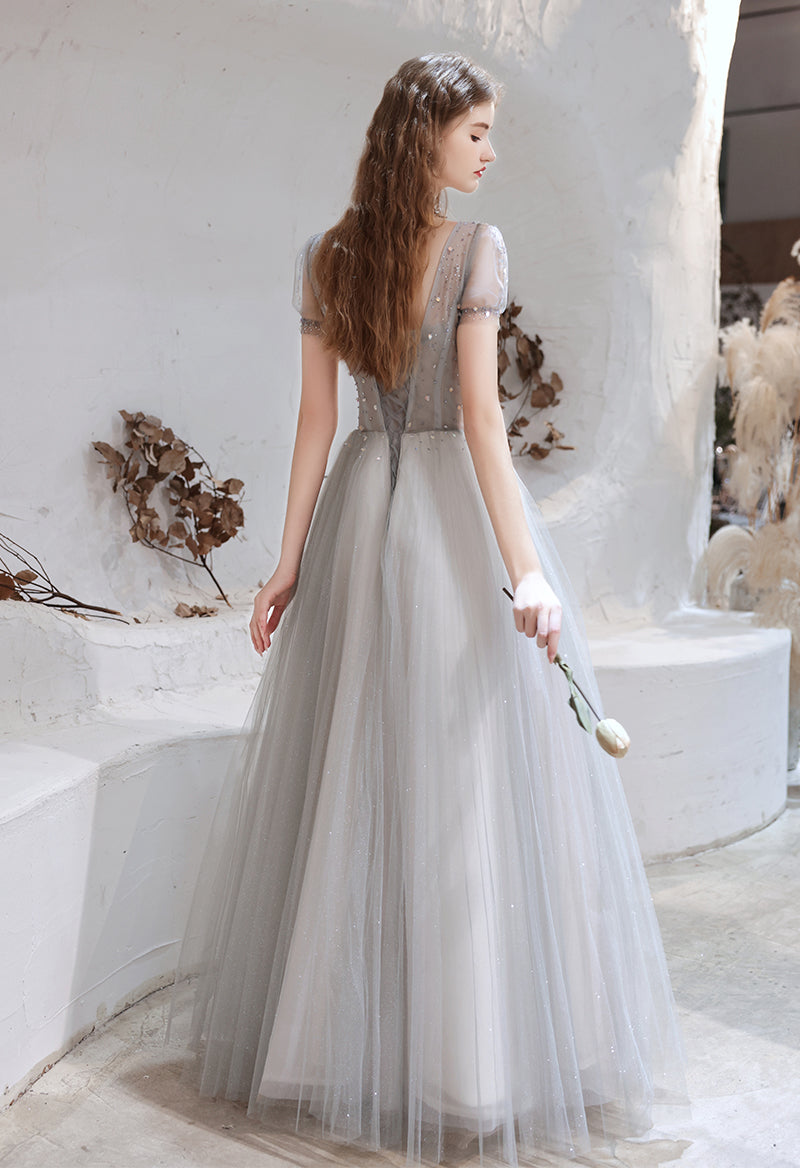 V Neck Tulle Short Sleeve Sequin Ruffle Prom Dress