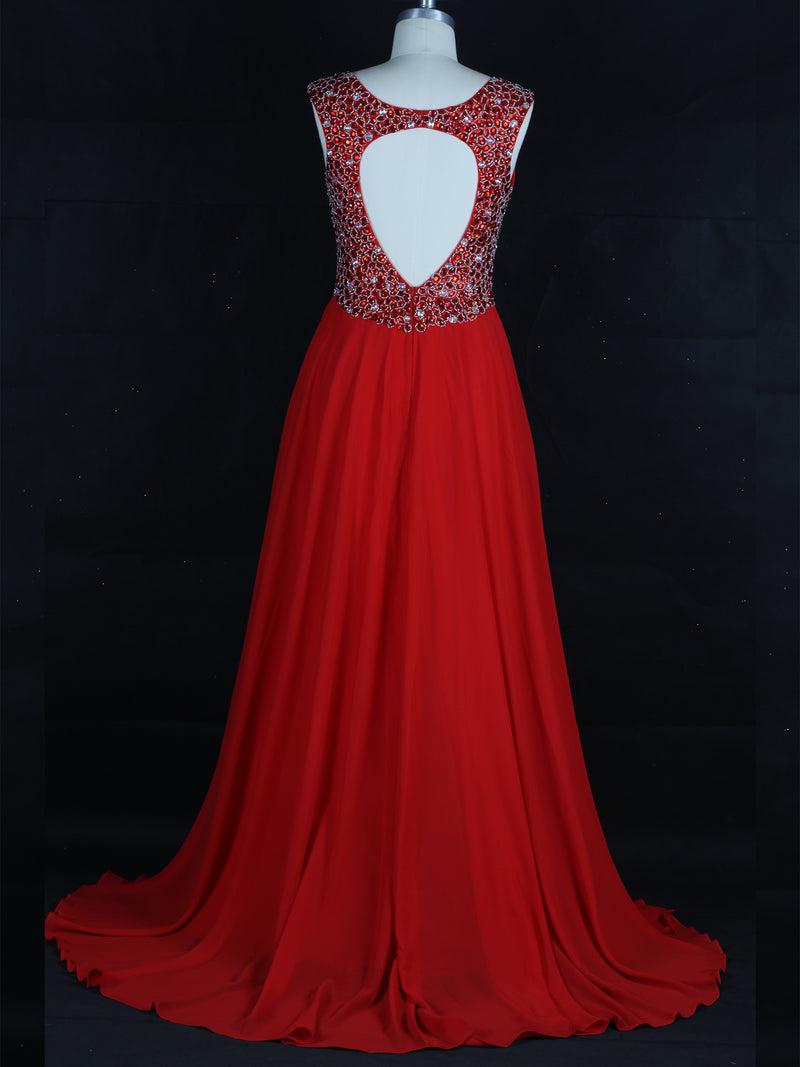 Red Key Hole Back Aline Prom Dress