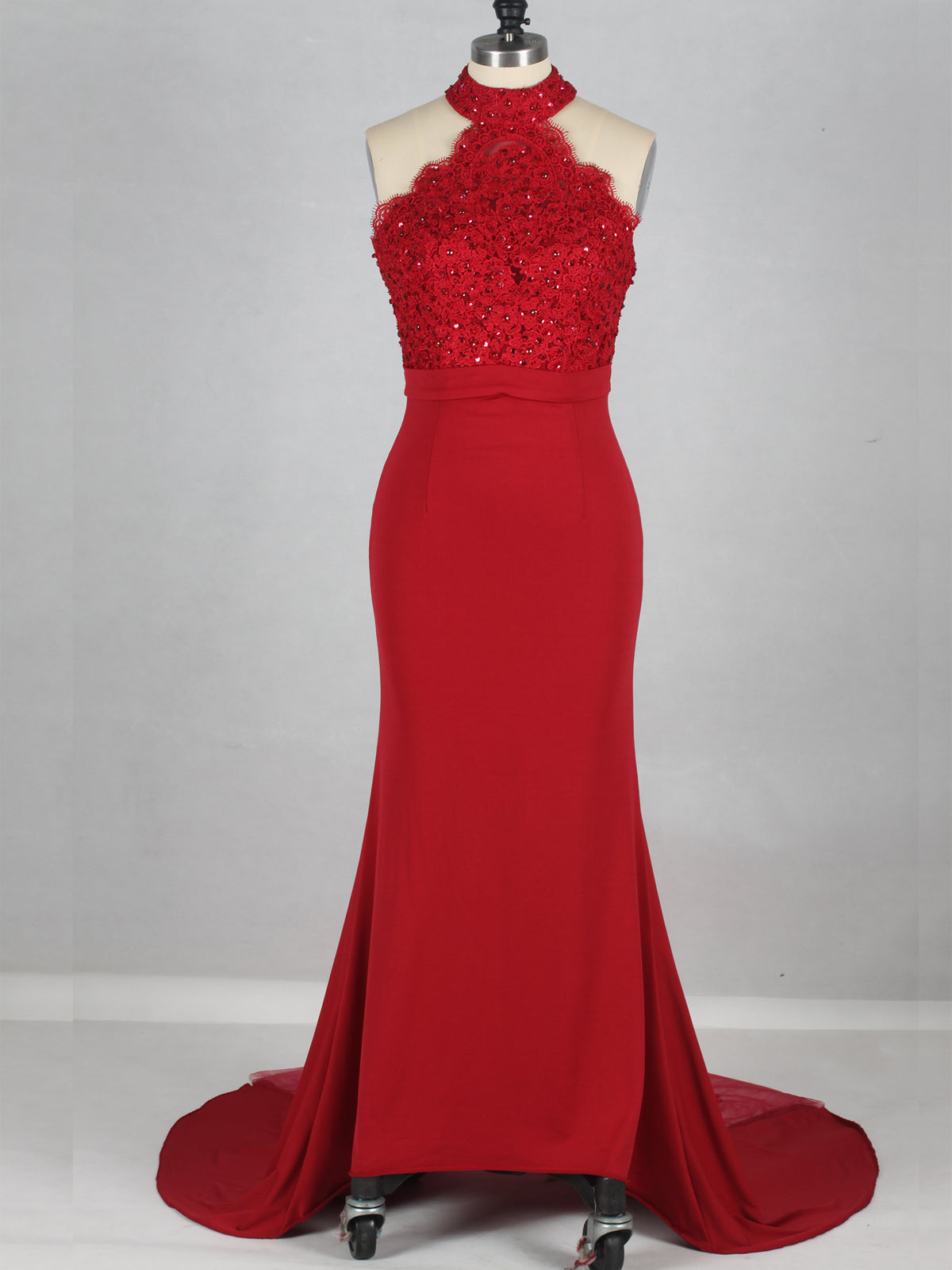 Red Halter Lace Insert Fit Prom Dress with Beads As Picture