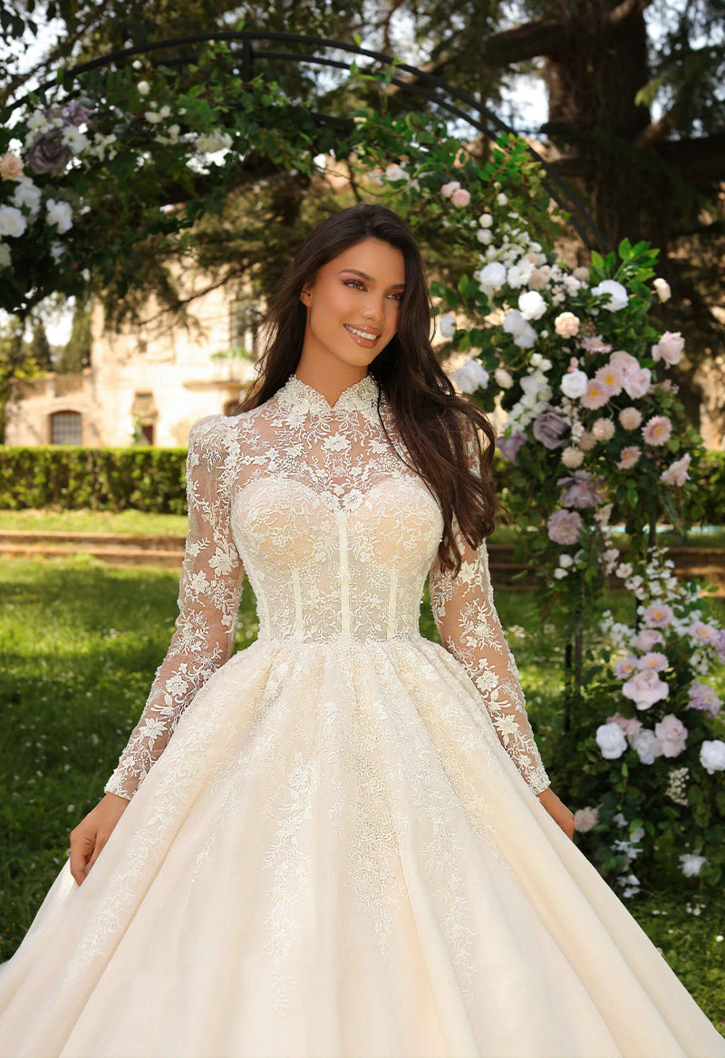 High Neck Long Sleeve Appliquéd Satin Ball Gown Cathedral Train