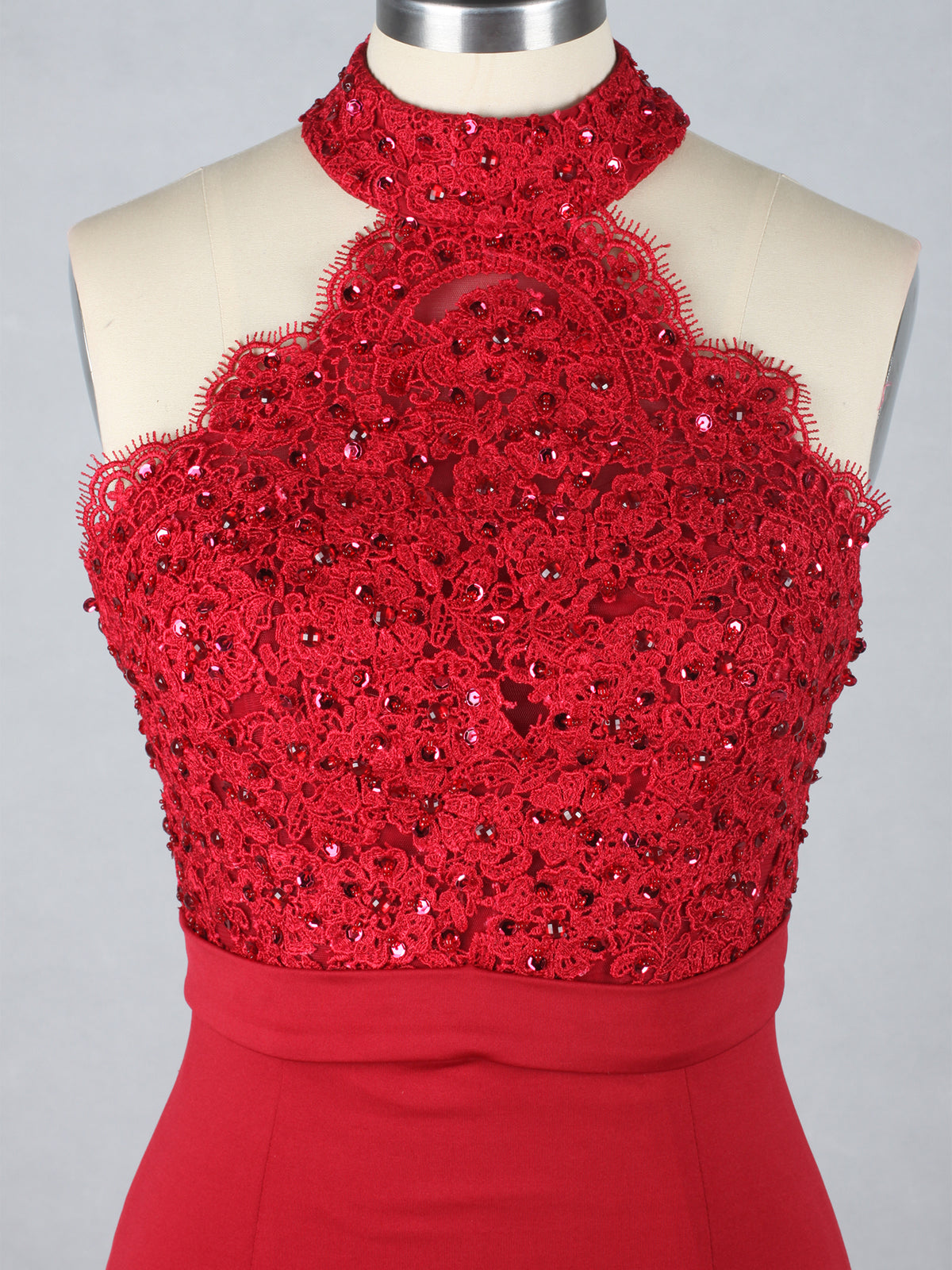 Red Halter Lace Insert Fit Prom Dress with Beads