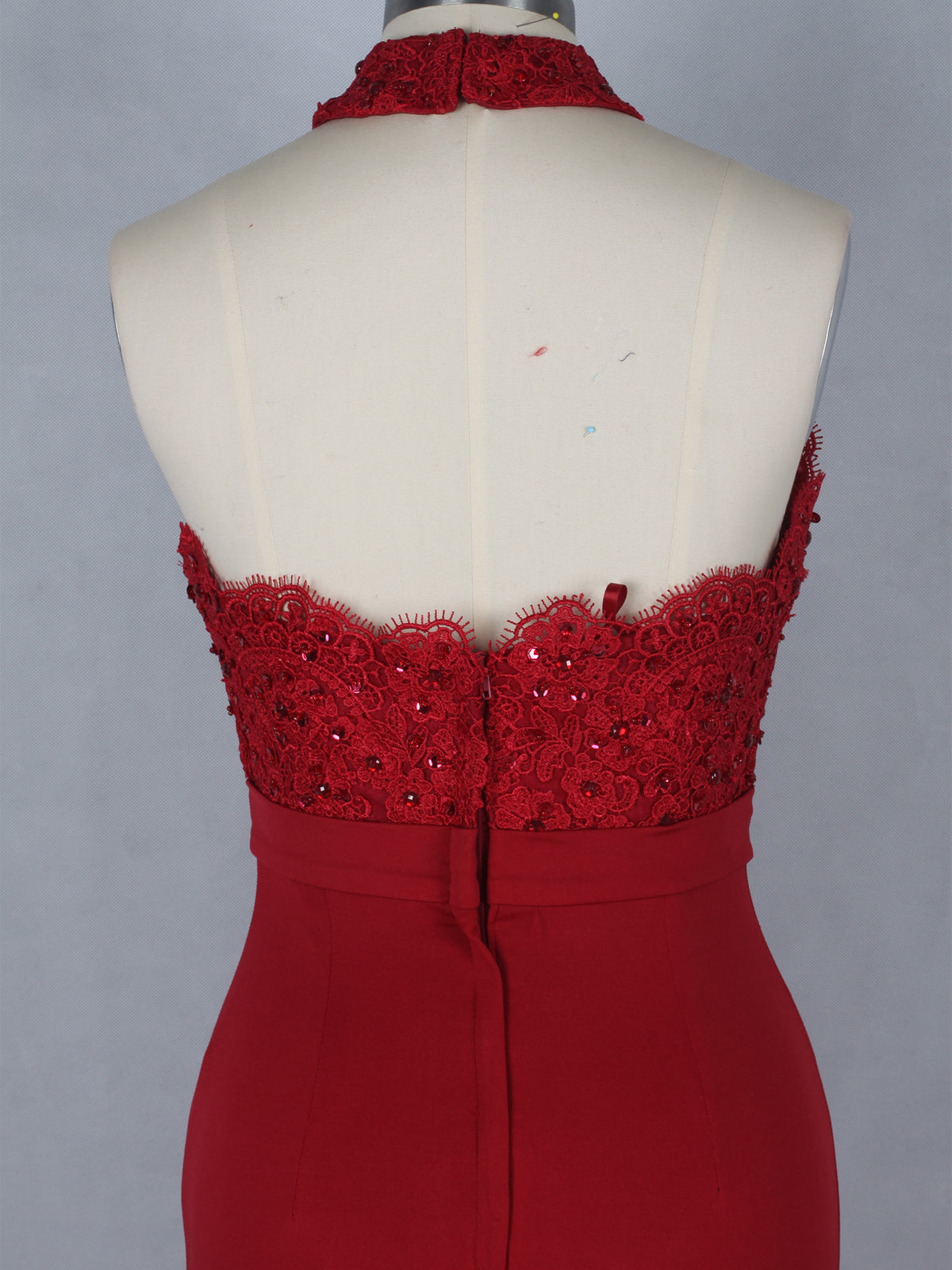 Red Halter Lace Insert Fit Prom Dress with Beads