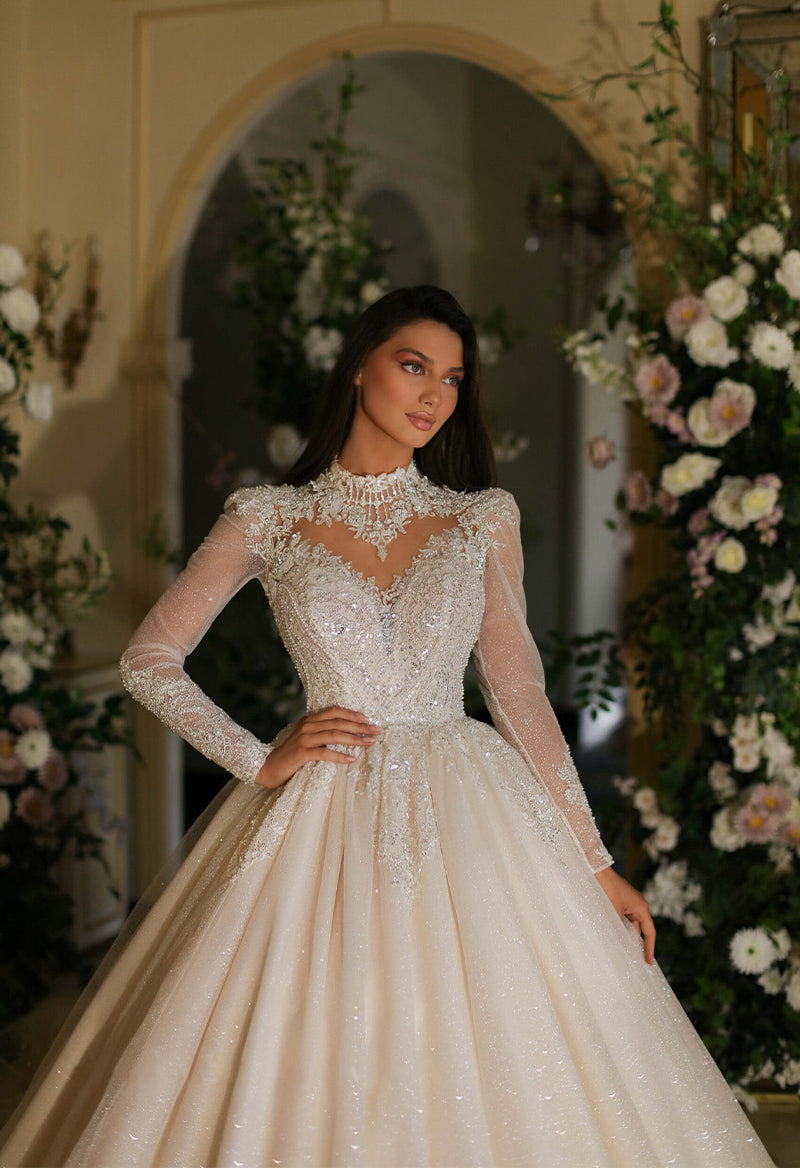 High Neck Long Sleeve Tulle Sequin Ball Gown Wedding Dress