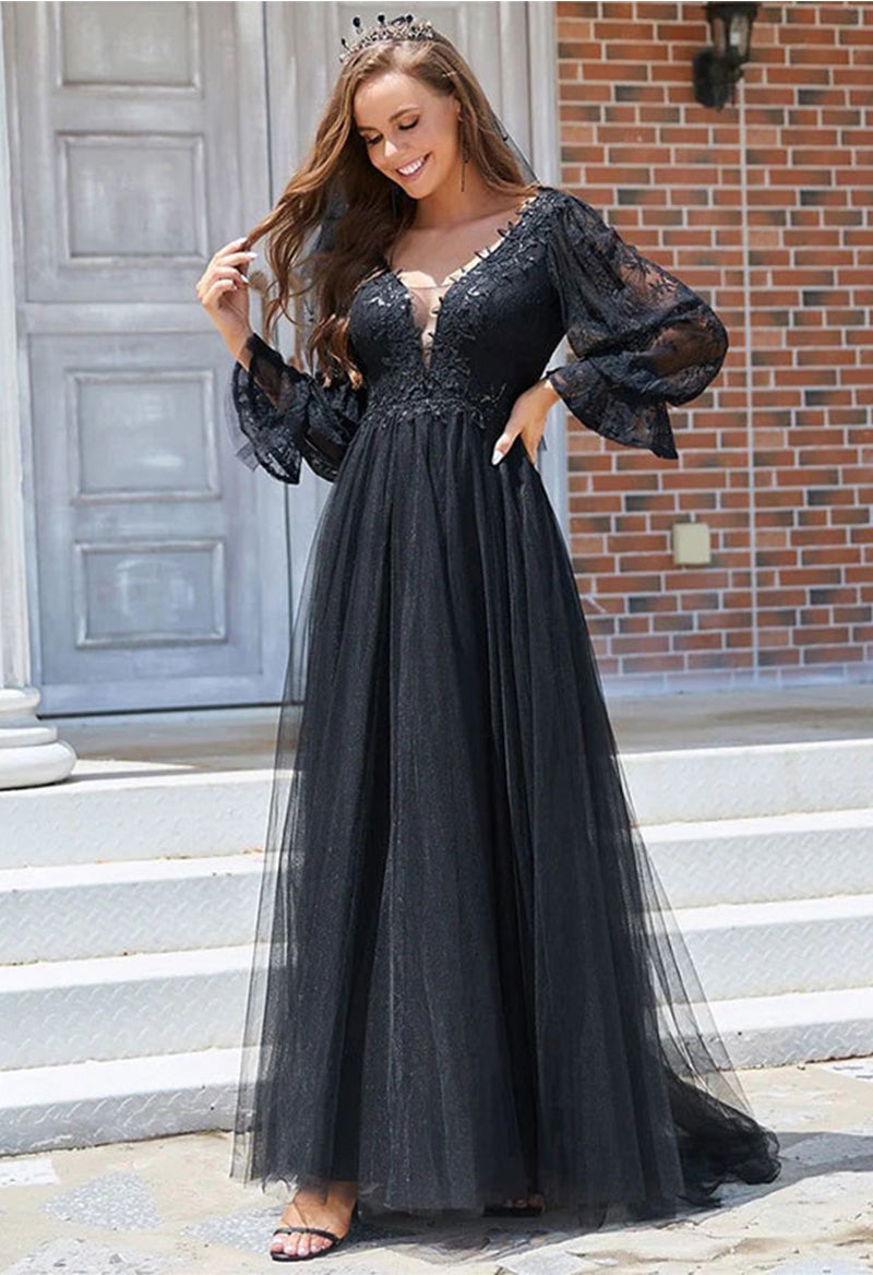 A Line V-Neck Lace Trumpet Sleeve Tulle Floor Length Wedding Dress Black