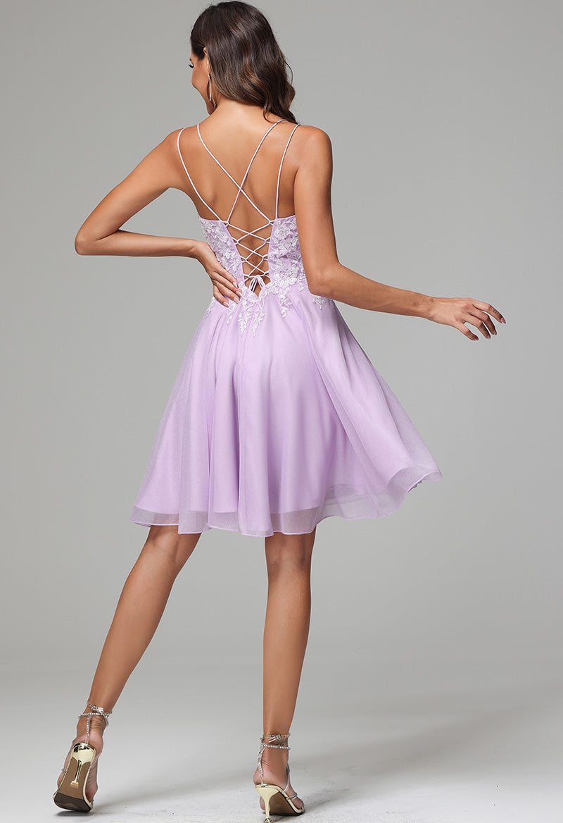 Spaghetti Straps Square Neck Tulle Appliqué Knee Length Sleeveless A Line Homecoming Dress