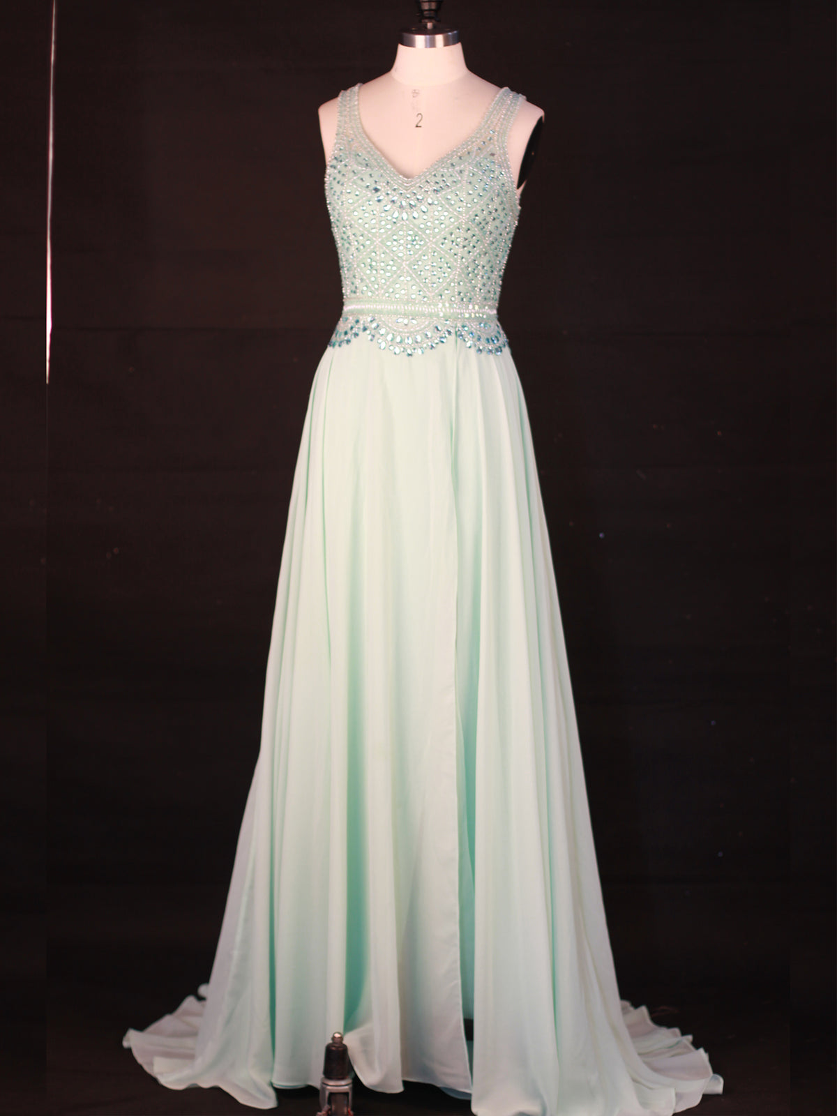 Mint Green Jewelry Chiffon V-neck Prom Dress Pandrodressy Mint Green Jewelry Chiffon V-neck Prom Dress Pandrodressy