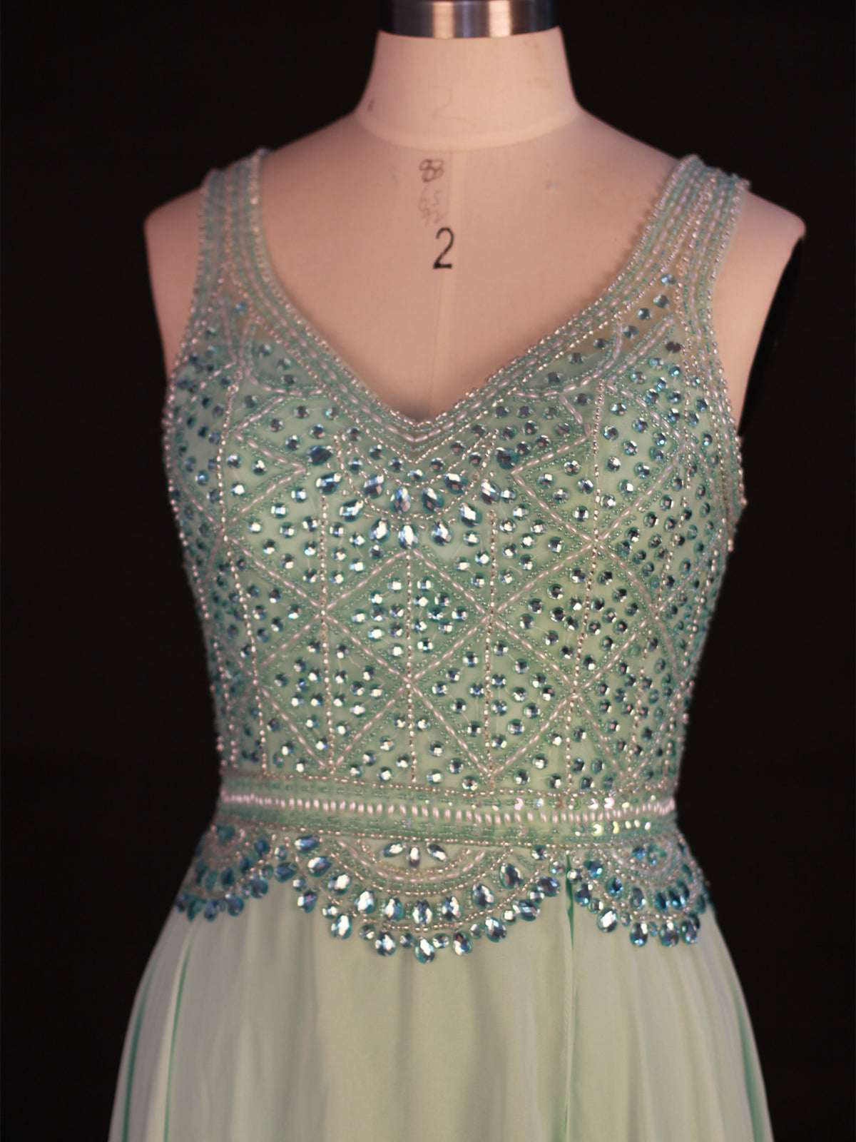 Mint Green Jewelry Chiffon V-neck Prom Dress