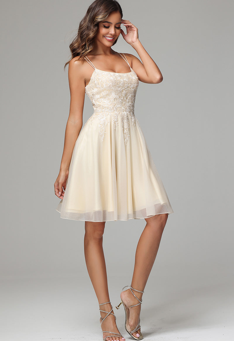 Spaghetti Straps Square Neck Tulle Appliqué Knee Length Sleeveless A Line Homecoming Dress Yellow