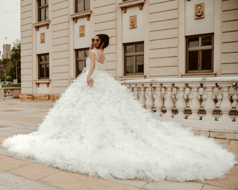 Illusion Neck Sleeveless Cathedral-Train Tulle Luxury Wedding Dress